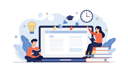 Fototapeta premium Students man and woman studying and reading books sitting on a giant laptop screen with lightbulb and clock icons.