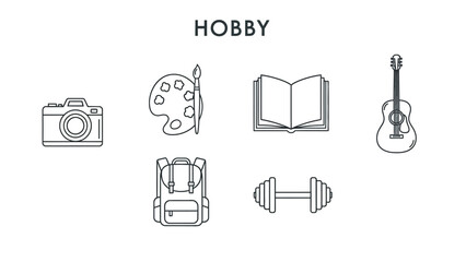 A collection of simple line art icons representing various hobbies and leisure activities