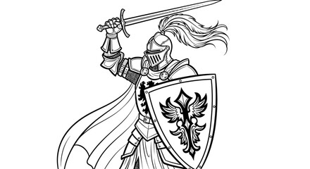 Obraz premium Knight in shining armor holding sword and shield isolated illustration
