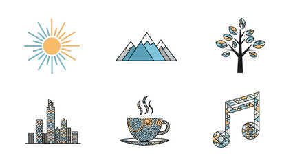 A Collection of Stylized Geometric Icons Representing Nature and Life