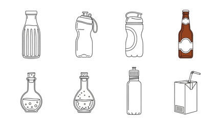 A collection of various beverage containers depicted as simple line art illustrations