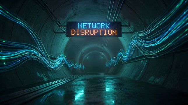 A dark tunnel with glowing blue lines and a sign reading 'Network Disruption' in blue and orange lights, conveying a sense of technology failure or cyber attack.