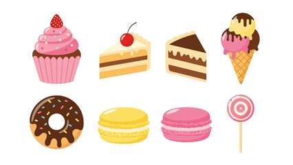A delightful assortment of sweet treats including cupcakes, cake slices, donuts, macarons, and ice