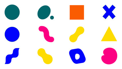 A graphic display featuring a variety of colorful abstract shapes and geometric figures against a