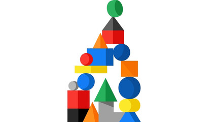Abstract geometric shapes stacked in a creative tower formation on a white background