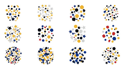 Abstract Scatterings of Colorful Stars Circles and Hexagons on White Background