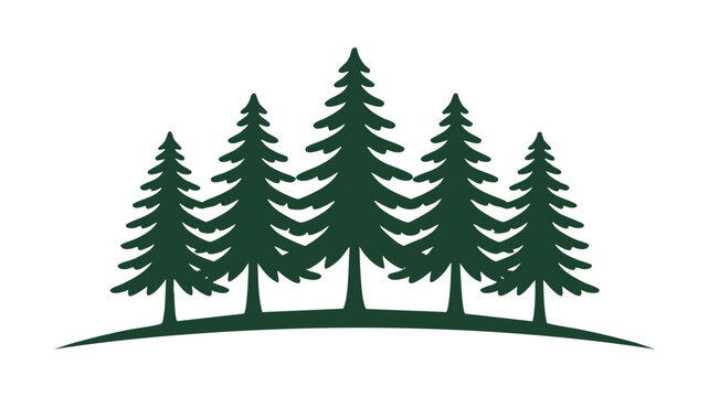 Green silhouette of five tall pine trees standing on a hillside