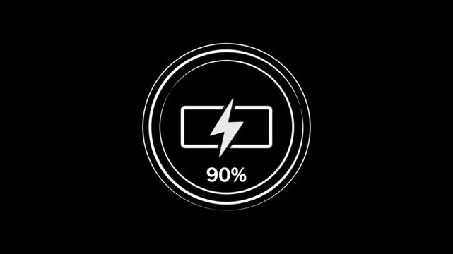 Fully charged battery icon representing maximum power and energy capacity with a striking lightning bolt symbol at 100% charge level on a minimalist black circular background with concentric rings.