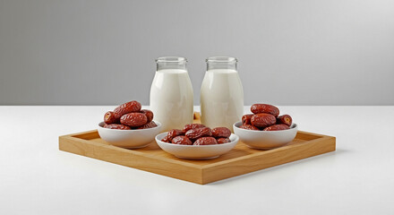 Wooden tray with milk bottles and bowls of dates