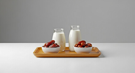 Wooden tray with two glass bottles of milk and two bowls of dates