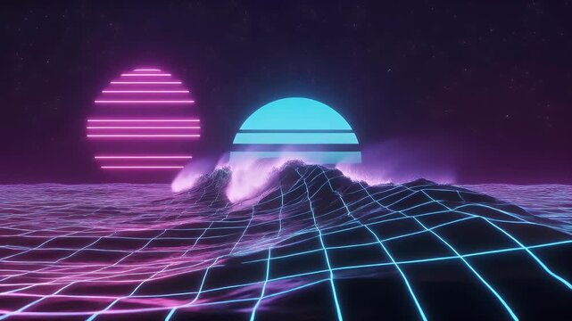 Retro-futuristic neon wireframe ocean landscape under dual glowing suns.