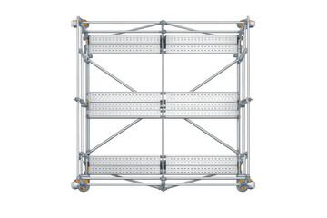 Modern modular scaffolding system with platforms and diagonal braces on a black background