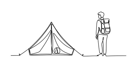 Continuous line drawing of a backpacker standing next to a camping tent in the wild Vector, illustration © Badhon_Designer