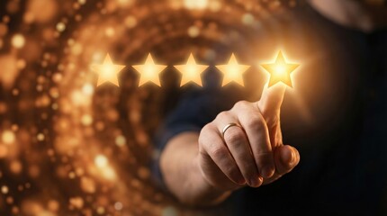 Human hand touching a glowing golden star on an abstract bokeh background with copy space for customer review and quality rating concept.
