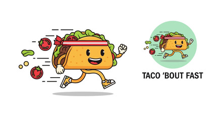 Fototapeta premium Cartoon taco character running fast with ingredients flying around