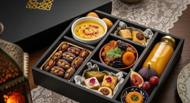 Sophisticated black luxury hamper showcasing nut-stuffed dates fresh figs and an array of artisanal middle eastern pastries
