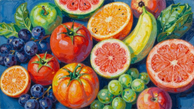 A vibrant painting of a variety of fruits, vegetables, and leaves on a blue background