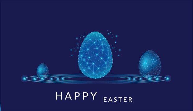 Happy Easter technology greeting card - digital Easter eggs and text Growth, Opportunities, New Beginnings - dark blue vector background