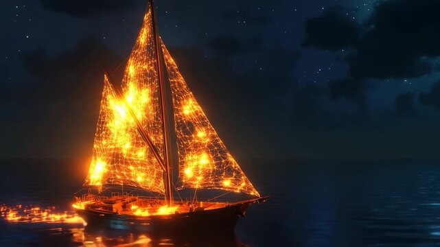Sailboat with luminous photosynthetic sails glides through tranquil waters at sunset