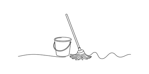 Simple line drawing of a cleaning mop leaning next to a bucket on a flat surface Vector, illustration