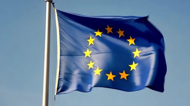 European Union and Italy flags waving.