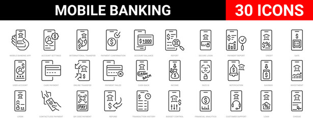 Obraz na płótnie Canvas Modern mobile banking line icons set designed for fintech apps, digital payments, online banking dashboards and financial user interfaces