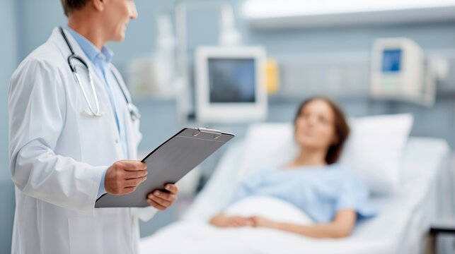 Male doctor in white coat holds clipboard while standing beside patient in hospital bed, medical equipment visible in the background of the hospital room