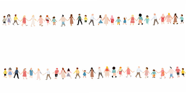 Diverse group of people holding hands in two lines forming a border