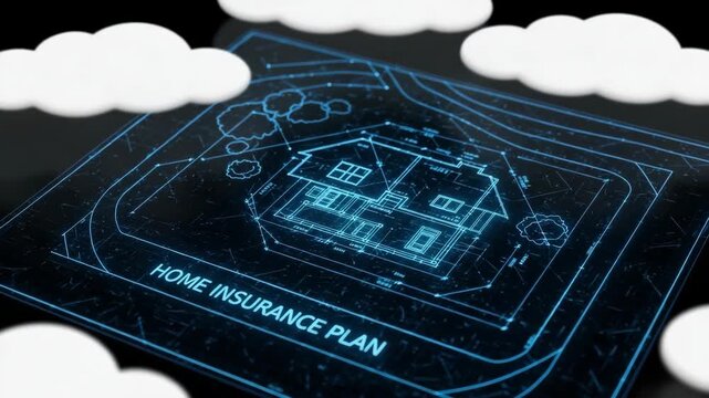 Detailed Digital Schematic Of House With Home Insurance Plan Text The Design Is Futuristic Blueprint With Dark Background Stylized Clouds In The Background For Insurance Architectura