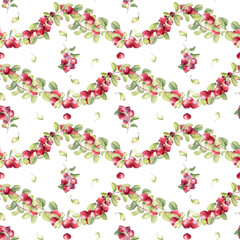 Watercolor lingonberry seamless pattern isolated on. Bright plants with fruits ornament background. Natural food repeat design for fabric, textile, wallpaper, menu, wrapping paper. Cranberry drawing.