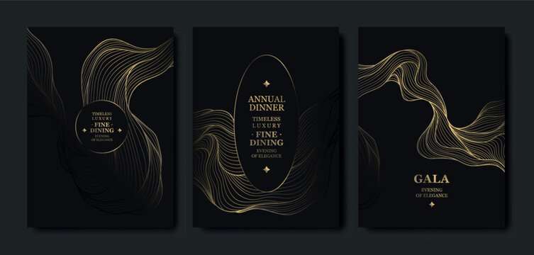 Luxury black and gold gala background, elegant line pattern, art deco frame. Premium vector design abstract curves, VIP invitations, award ceremonies, weddings, birthday dinners