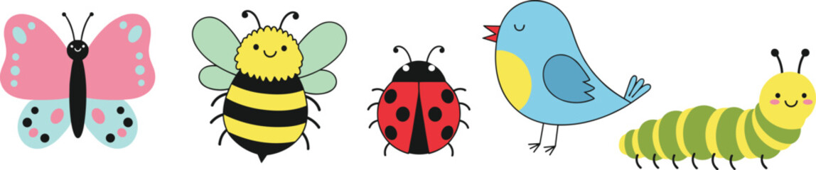 Cute cartoon animals and insects icons set with butterfly bee ladybug bird caterpillar colorful flat vector illustration © Md