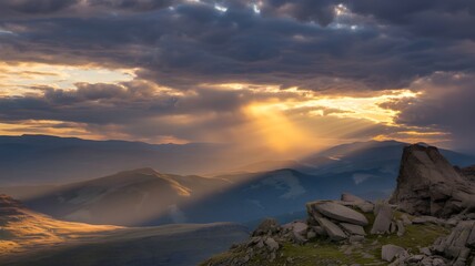 Naklejka premium Majestic mountain landscape with golden sunlight breaking through clouds, dramatic sky, serene wilderness scenery, travel destination, and peaceful nature concept