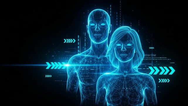 Digital Representation Of Man Woman Is Shown Standing Together In The Darkness Illuminated By Blue Lines In The Style Of Future Technology The Concept Of Artificial Intelligence Huma