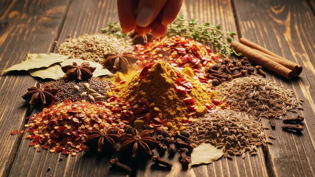 Assortment of colorful spices and herbs arranged on a wooden table, close-up