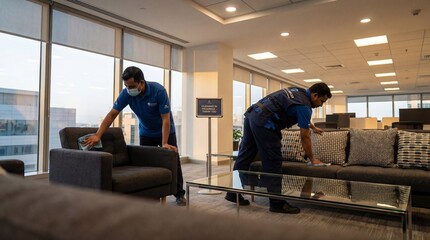 Fototapeta premium Two men, professional cleaners, wiping furniture in modern office. Commercial cleaning service and hygiene concept for business interior.