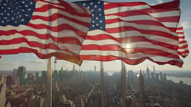A row of American flags against the backdrop of the New York City skyline