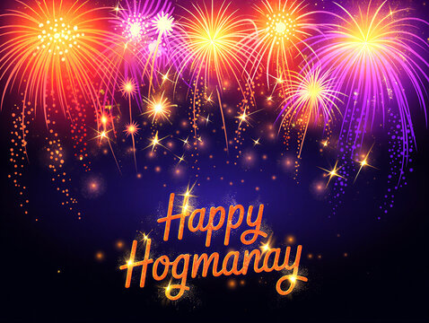 Colorful fireworks display with happy hogmanay greeting card design