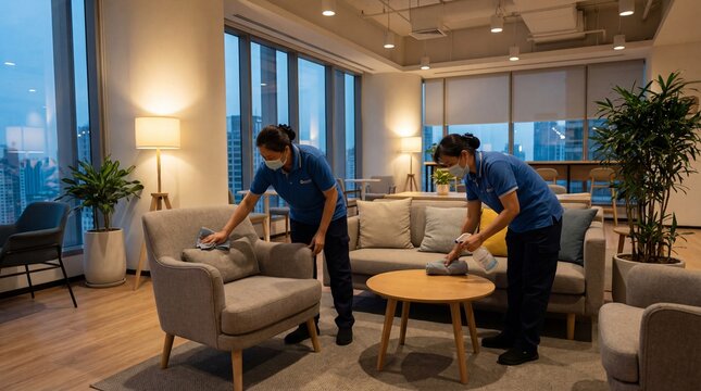 Two women cleaning a modern office lounge area. Professional cleaning service for commercial space, hygiene, and maintenance concept.
