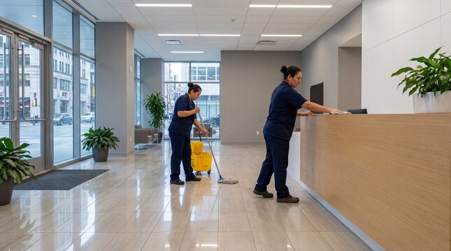 Woman cleaning office lobby floor with mop and woman wiping reception desk. Professional cleaning service for commercial building.