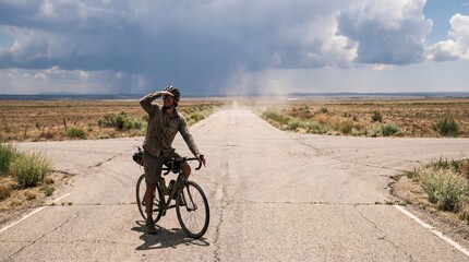 Obraz premium Man on bicycle looking at distant rain on desert road. Cyclist on a long journey with challenging weather ahead. Adventure and endurance concept.