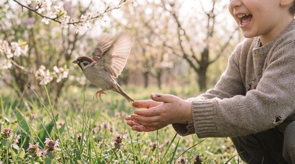 Obraz premium Little kid smiling with open mouth as a small sparrow bird takes flight from child hand outdoors in a spring garden. Nature connection and happy childhood concept.