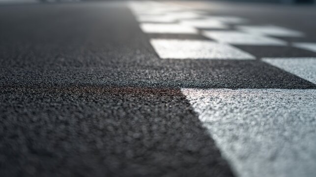 The Finish Line on Asphalt Racing Track with Closeup Texture and Shallow Depth