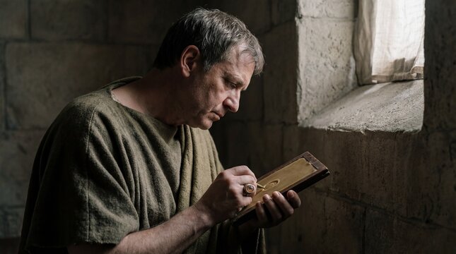 Caucasian man making marks on clay tablet. Ancient history and knowledge concept. Medieval scribe writing in a historical setting.