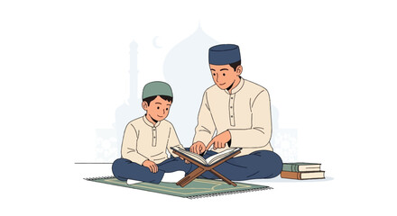Child Learning Quran with Teacher in Mosque Education Scene