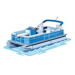 Blue pontoon boat illustration on water recreational leisure vessel design © Fariaislam