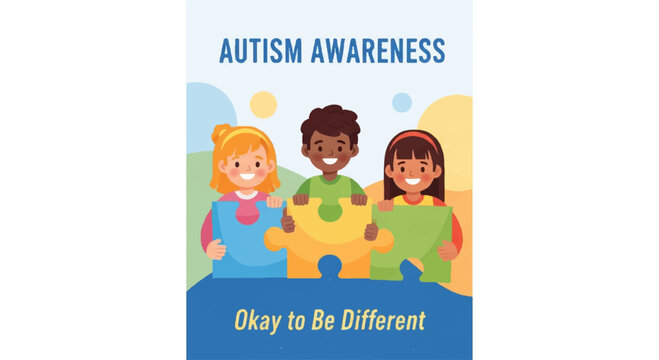 Diverse children holding puzzle pieces for autism awareness okay to be different