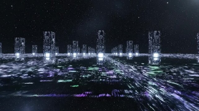 Luminary server monoliths ascend from a dark infinite abyss creating a futuristic sci-fi cityscape in the vastness of space, showcasing technological advancement and otherworldly beauty.