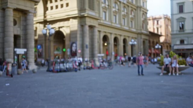 Soft defocused bokeh of florence arcaded street with historic stone facades; template overlay virtual production.