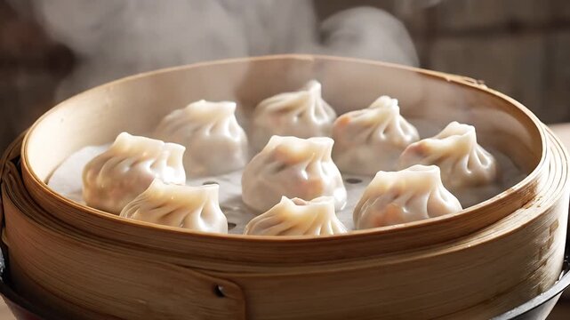 Steaming dumplings in bamboo steamer, a visual treat. The warm, inviting scene captures the essence of culinary art. The dumplings are perfectly crafted.